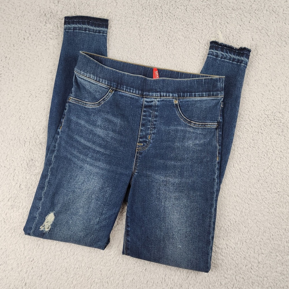 Spanx Jeggings Womens Medium Tall Blue Denim Skinny Distressed Frayed Hem Pants